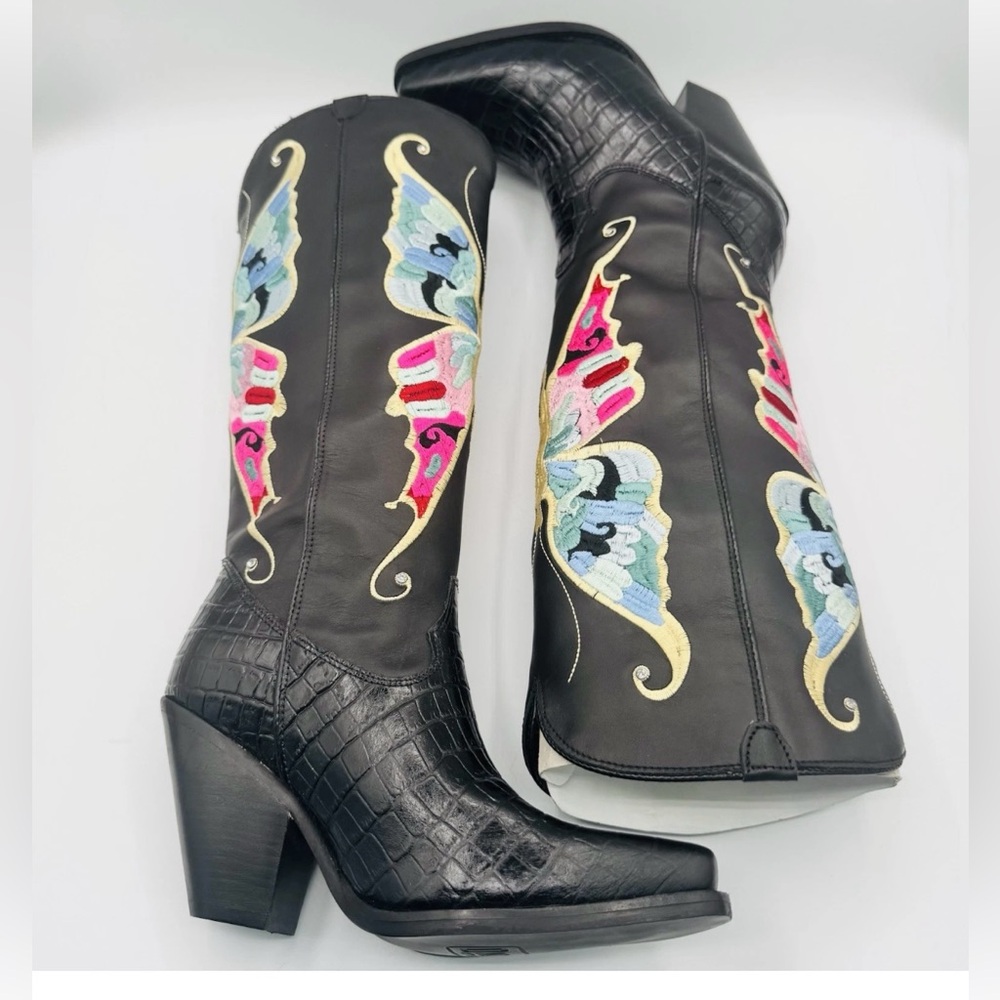Dingo Butterly Embroidered Rhinestone Block Heel Boots Sz10 Leather Cowgirl - Picture 2 of 7